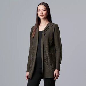 Simply Vera Vera Wang open front cardigan w/ hood pockets earthy brown EUC sz L